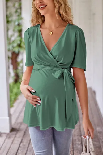 Miniatura 7 de LAISHEN Camisas de maternidad para mujer, manga corta, con lazo frontal, para maternidad