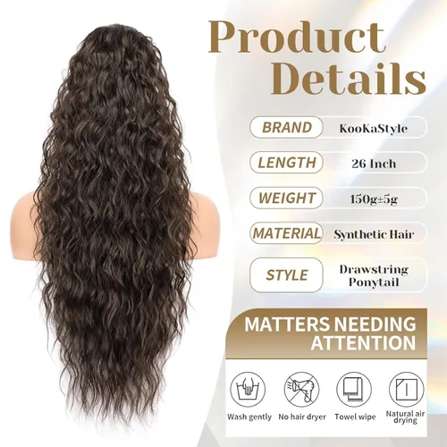 Miniatura 3 de KooKaStyle Extensión de cola de caballo con cordón de 26 pulgadas (66 cm) para mujeres, extensiones de cabello sintético rizado largo para uso