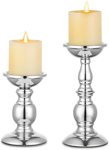 Miniatura 21 de Nuptio Portavelas negro para velas de pilar - Juego de 2 portavelas rústicos Soporte de velas de metal alto Portavelas de pilar retro de otoño