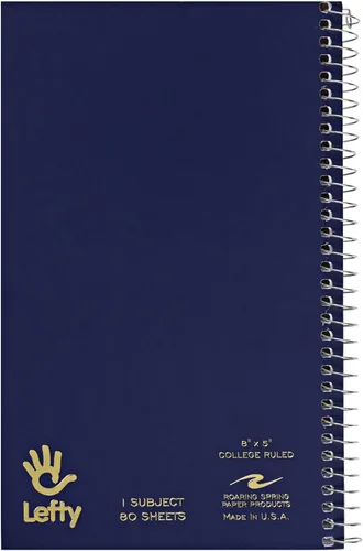 Roaring Spring Lefty Cuaderno con espiral, cuaderno universitario con rayas pequeñas para zurdos, 8" x 5", 80 hojas, cubiertas de colores surtidos