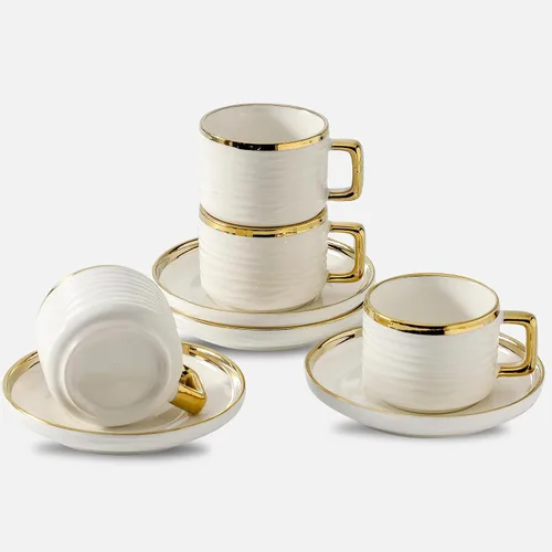 LETAOTAO Juego de 4 tazas y platillos de expreso, tazas de café apilables de cerámica de 3 onzas con borde dorado, mini tazas Demitasse, juego de
