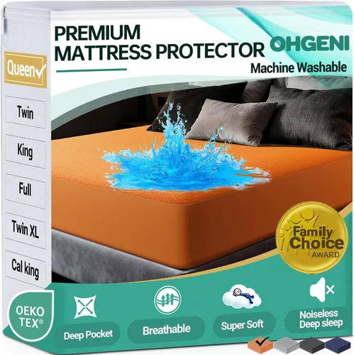 Miniatura 7 de OhGeni Protector de colchón 100% impermeable, tamaño Queen Beige, sábana bajera con bolsillos profundos, 6''-18'', material suave transpirable sin