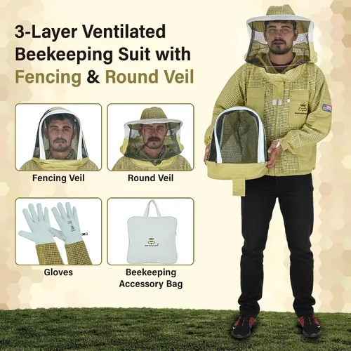 Miniatura 2 de 3-Layer Ventilated Mesh Bee Jacket for Men & Women with Veils Sting-Proof Beekeeping Jacket with Leather Gloves & Bag