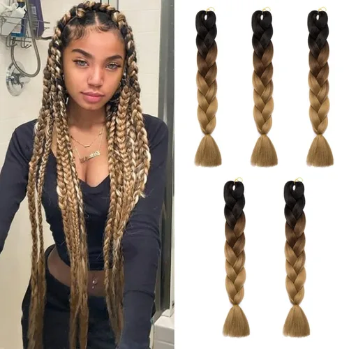 Miniatura 109 de Benehair Extensiones de cabello trenzado ombré de 24 pulgadas, 1 paquete de extensiones de cabello trenzado jumbo de alta temperatura, cabello