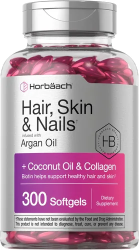 Horbäach Vitaminas para el cabello, la piel y las uñas, 300 cápsulas blandas, con biotina y colágeno, con infusión de aceite de argán y aceite de