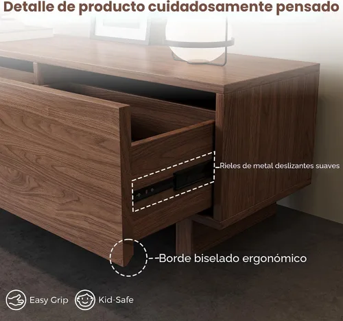 Miniatura 7 de Soporte de TV extensible para televisores de 65 a 100 pulgadas, consola de entretenimiento de nogal con 3 cajones y 1 compartimento