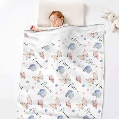 Miniatura 5 de Manta personalizada con nombre de bebé con diseño de mariposa, franela suave, mullida y cálida, manta ligera para sofá, cama, oficina, campamento