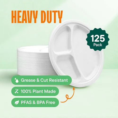 Miniatura 2 de Platos de papel desechables 100% compostables, 3 compartimentos [10 pulgadas] [paquete de 125] bandejas seccionales para almuerzo + divisores