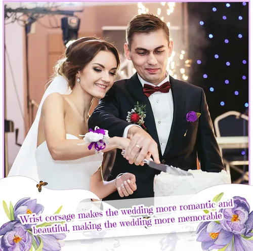 Miniatura 5 de Tigeen Juego de 24 ramilletes de muñeca y boutonniere para hombre, ramillete de muñeca de boda, flor de mano para madre de novia, novia, decoración