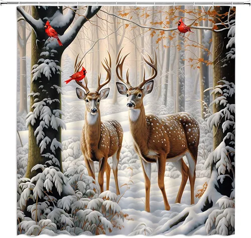 Cortina de ducha de invierno, naturaleza, bosque, nevado, ciervo, vida silvestre, caza, campo, Navidad, paisaje, decoración de baño, cortinas de