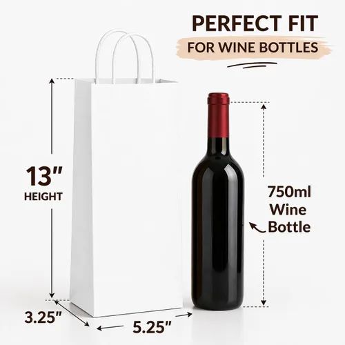 Miniatura 2 de Bolsas de regalo de vino kraft con asas, paquete de 50 bolsas de papel marrón para botellas de vino, 5.25 x 3.25 x 13 pulgadas (kraft blanco)