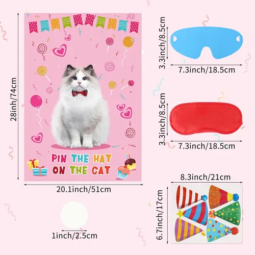 Miniatura 2 de Juego de fiesta de Hooqict Pin The Hat On The Cat para gatos, juegos de fiesta de cumpleaños de gato para niños, suministros de fiesta de cumpleaños