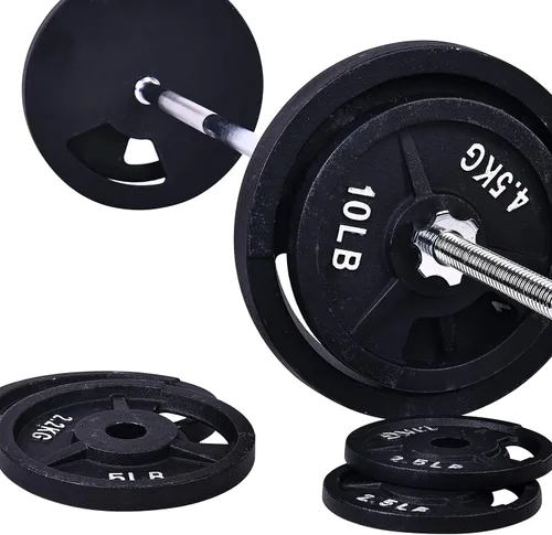 Fitvids Placas de peso estándar de hierro fundido que incluyen barra estándar de 5 pies con cerraduras de estrella, juego de 95 libras (platos de 85