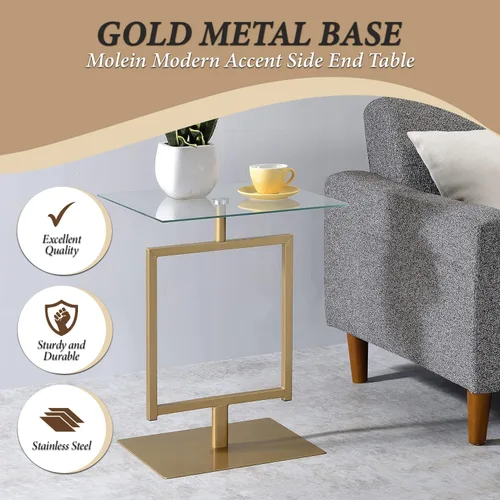 Miniatura 3 de Kings Brand Furniture Molein - Mesa auxiliar, base de metal dorado con parte superior de vidrio templado, moderna mesa rectangular con pedestal