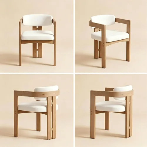 Miniatura 4 de Juego de 4 sillas de comedor modernas de barril, sillas de comedor tapizadas con respaldo curvado y patas de madera, sillas laterales de lino