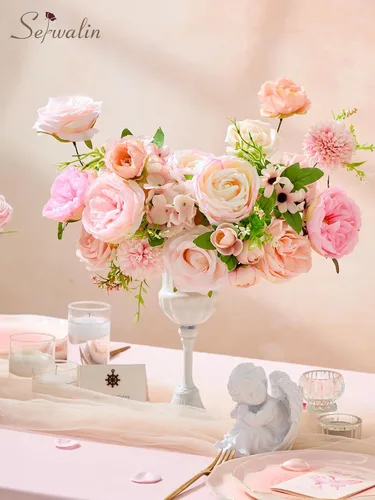 Miniatura 2 de Serwalin Flores artificiales, flores rosadas, flores de seda falsas, flores de pastel de boda, flores para ramos de boda, centros de mesa, Un rosa