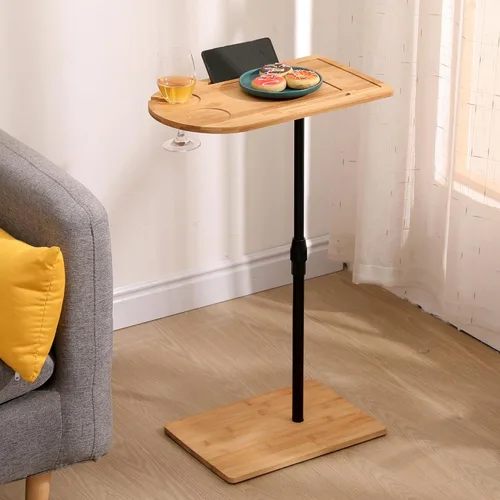 Miniatura 15 de Mesa auxiliar moderna de 2 niveles con estante tejido, mesa auxiliar pequeña bohemia para sala de estar, sofá, patio, oficina en casa, mesa Nogal_2