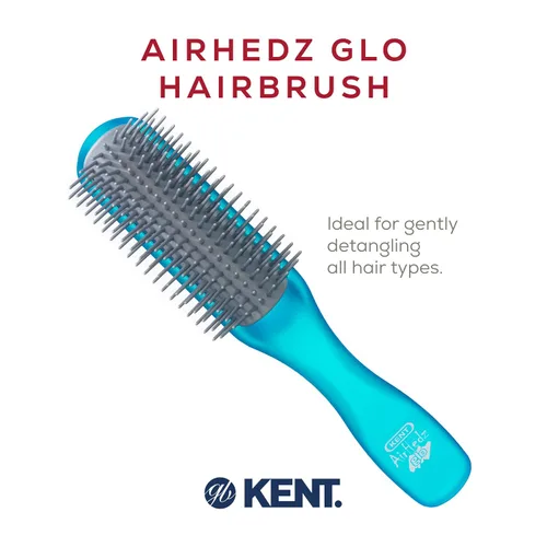 Miniatura 3 de Kent AHGLO01 Airhedz Glo Blue Cepillo de pelo desenredante estrecho medio redondo – 9 filas iónico antiestático no rayado largo cerdas de nailon
