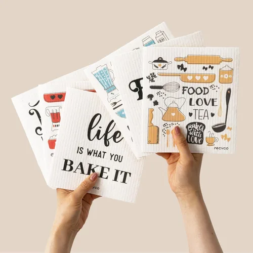 Miniatura 19 de RECYCO Paños suecos para cocina Paquete de 5 trapos geométricos lavables Toallas de papel de limpieza reutilizables de celulosa Paño