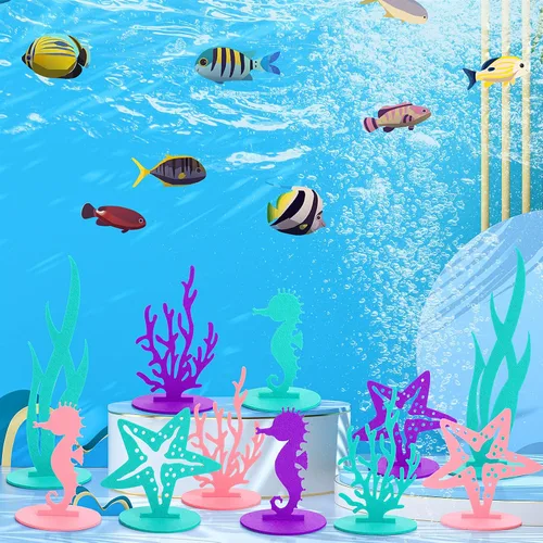 Miniatura 4 de Prasacco 22 piezas de decoraciones de cumpleaños de sirena, centro de mesa de fieltro, decoración de fiesta bajo el mar, caballito de mar, algas