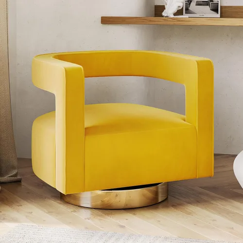 Miniatura 3 de BELLEZE Silla de Acento Giratoria Tipo Barril, Silla Redonda Moderna Tapizada con Brazos Cómoda de Terciopelo con Respaldo Curvado con Base Dorada