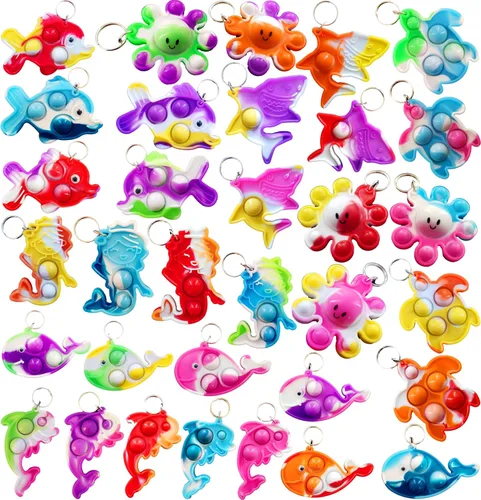 Miniatura 8 de Paquete de 26 llaveros de animales marinos azules, pulpo, peces, delfines, tortugas, tiburones, ballenas, mini llavero Pop para fiestas