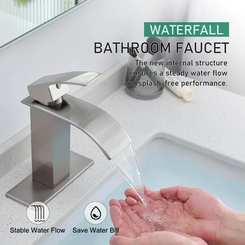 Miniatura 5 de VOTON Grifos de Baño Cascada Níquel Cepillado Modernos de Una Sola Manija Grifo de Lavabo para 1 o 3 Orificios con Placa de Cubierta y Desagüe