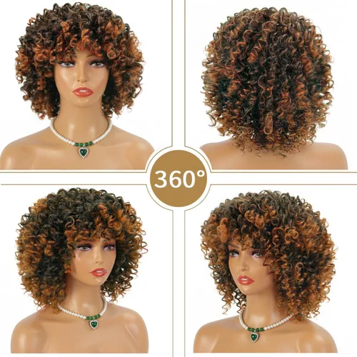 Miniatura 3 de Curly Wigs for Black Women Short Curly Wig with Bangs Soft Bouncy Fluffy Small Curls Heat Resistant Synthetic Wig for Daily Party Use Ombre Brown 14