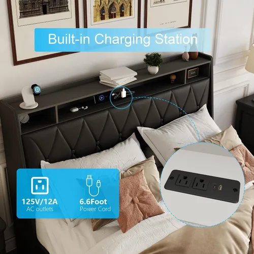 Miniatura 4 de Base de cama Queen con cabecera ergonómica, base de cama de plataforma tamaño Queen con tomas de corriente y cargador, marco de cama de metal
