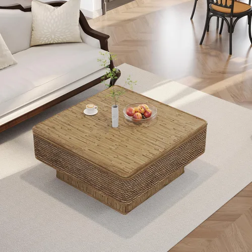Miniatura 5 de 31.52" Square Lift Top Coffee Table with Storage, Natural Rattan & Hemp Rope, Adjustable Function, Vintage Farmhouse Center Table for Living Room