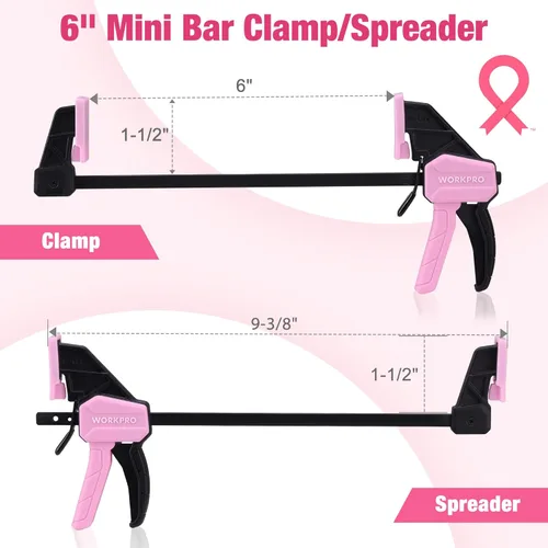 Miniatura 2 de WORKPRO Abrazaderas de mini barra de 6 pulgadas para carpintería, paquete de 2 abrazaderas/esparcidores con una sola mano, abrazadera F de cambio