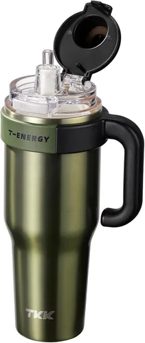 Miniatura 20 de TKK Vaso de 27 onzas con asa y popote, botella aislada con revestimiento de cerámica, taza de viaje 100% a prueba de fugas para agua, té helado