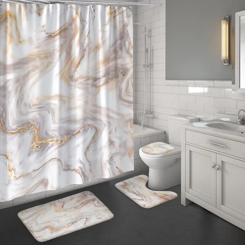 Miniatura 8 de MitoVilla Juego de baño de mármol con cortina de ducha y alfombras y accesorios, abstracto gris dorado blanco, moderno, gris juego de decoración