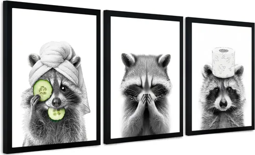 Miniatura 19 de Lienzo enmarcado en blanco y negro para el baño, divertida decoración de baño de animales, linda nutria sosteniendo un rollo de papel higiénico
