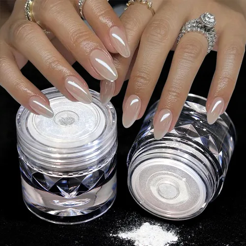 Miniatura 13 de 2 piezas de polvo de uñas cromado perla blanca súper brillante efecto espejo metálico, polvo cromado de unicornio de luna blanca para uñas, polvos
