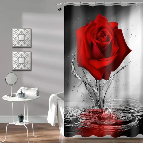 Miniatura 22 de JAWO Cortina de ducha con diseño de rosas, románticas flores y rosas rojas reflejadas en el agua, cortina de baño de tela, cortina de baño negra