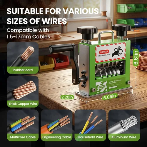 Miniatura 4 de Máquina peladora manual de cables, herramienta pelacables de manivela con 6 canales, 5 cuchillas, se adapta a cables de 0.06 a 0.67 pulgadas