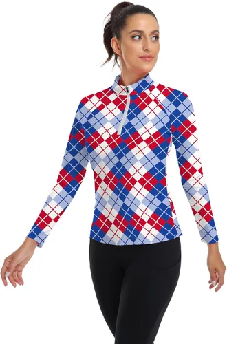Miniatura 32 de WOWENY Camiseta deportiva de manga larga para mujer, con cremallera de un cuarto, cuello para entrenamiento, camiseta de tenis con estampado