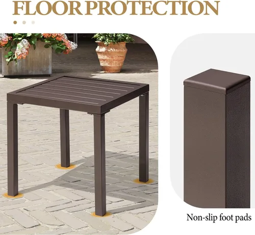 Miniatura 5 de Crestlive Products Mesa auxiliar para exteriores, pequeña mesa auxiliar cuadrada de metal, fácil montaje y resistente a la intemperie, mesas Marrón