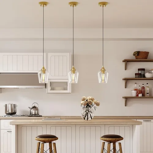 Miniatura 7 de VONLUCE Lámpara Colgante de Isla de Cocina, Lámpara Colgante de Oro Cepillado con Base E26 y Cable Ajustable, Iluminación Colgante Moderna con Dorado