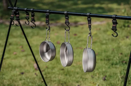 Miniatura 10 de iBasingo Juego de 3 piezas de ollas de titanio para acampar con mango plegable, juegos de ollas de cocina para campamento al aire libre
