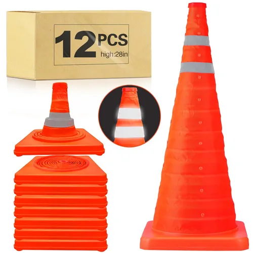Paquete de 12 conos de seguridad plegables de tráfico de 28 pulgadas, conos de estacionamiento con collares reflectantes, conos de seguridad