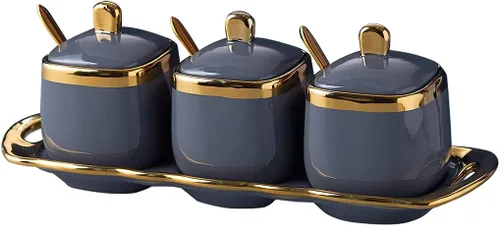 Miniatura 10 de Tazón de azúcar rojo con tapa y cuchara, tarros de cerámica para condimentos y especias con bandeja, tazones para azúcar y sal, juego de 3