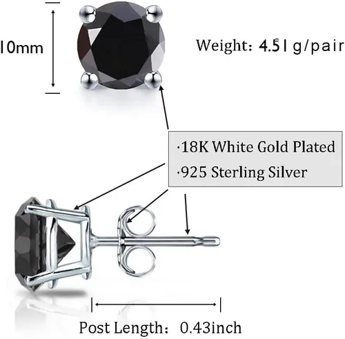 Miniatura 7 de Solitaire - Aretes redondos de plata de ley 925 de ónix negro chapado en platino, joyería fina para mujeres y hombres