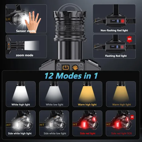 Miniatura 3 de Linterna frontal LED recargable, 4000 lámpara de cabeza súper brillante con 12 modos y batería de larga duración de 90 horas y sensor de movimiento