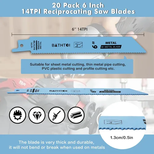 Miniatura 5 de Paquete de 20 hojas de sierra alternante de 6 pulgadas, 14 dientes por pulgada, para chapa metálica, tubos, plástico PVC, corte de perfiles, hojas