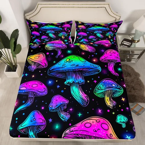 Miniatura 12 de Erosebridal Sábanas de calavera de azúcar, sábana bajera ajustable de Halloween, tamaño individual, ropa de cama de galaxia trippy morada, funda