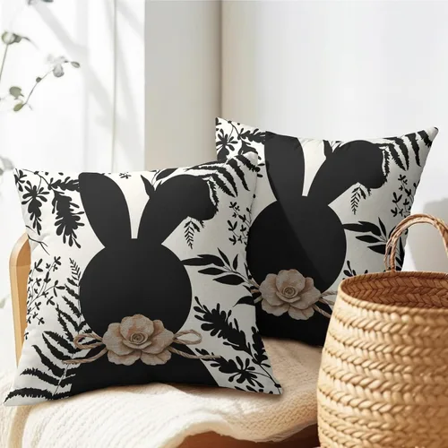 Miniatura 5 de Kawani Fundas de almohada de conejo de Pascua de 16x16 pulgadas, juego de 2 fundas de almohada decorativas de conejo negro floral de Pascua