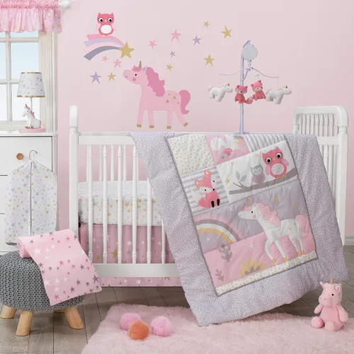 Bedtime Originals Rainbow Unicorn - Juego de cama para cuna de 3 piezas, color morado