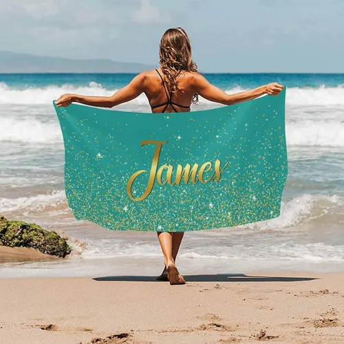 Miniatura 2 de InterestPrint Toalla de playa personalizada para mujeres y hombres, con texto dorado brillante, color verde, toallas de playa personalizadas